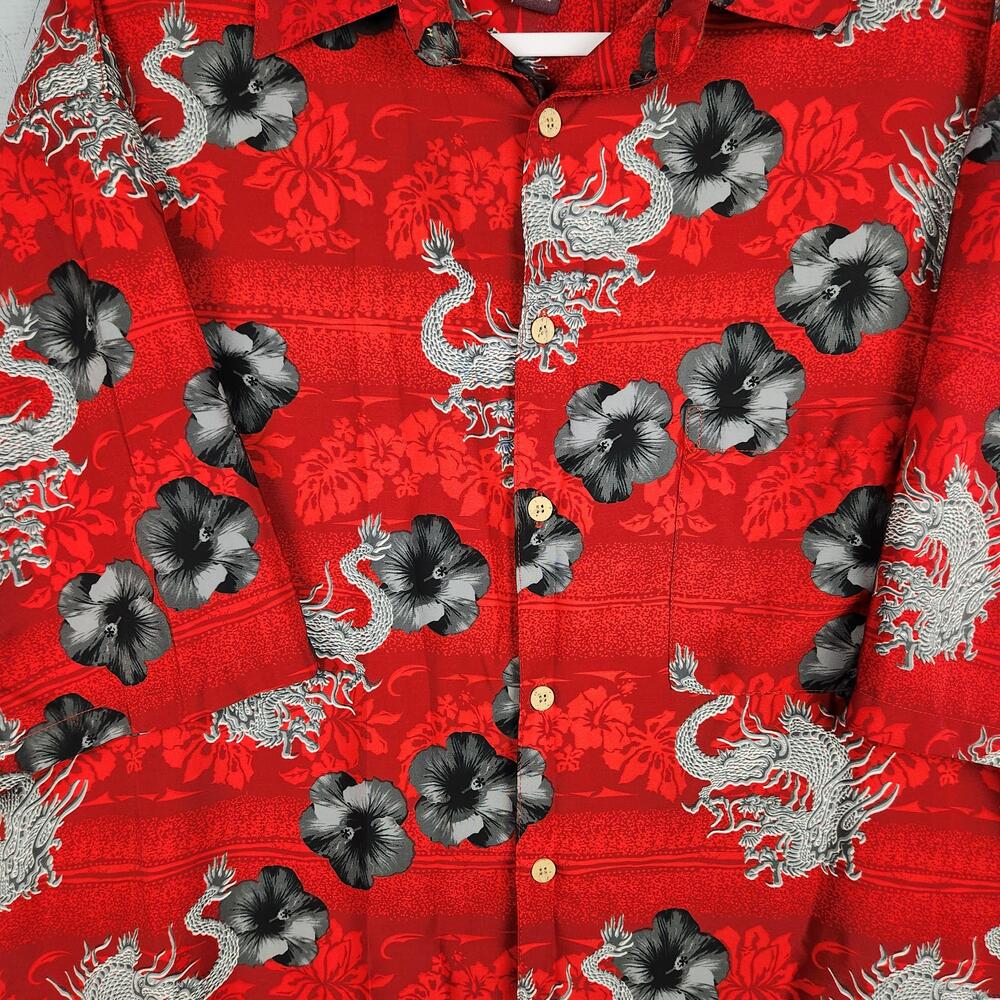 Vintage Extreme Gear Shirt Mens XL Red Dragon Hibiscus Hawaiian Aloha Camp Y2k